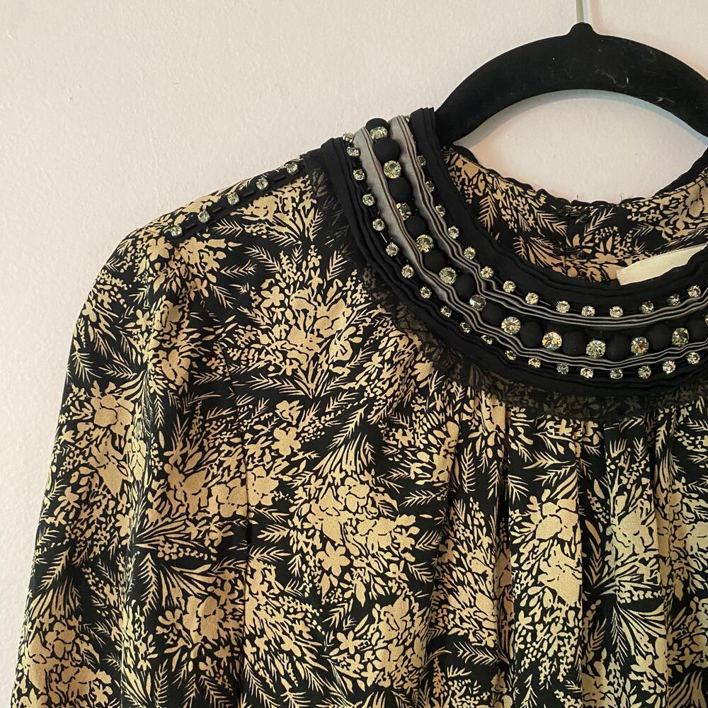 3.1 Phillip Lim Black Tan Floral Beaded Neck Silk 3/4 Sleeve Shift Dress size 2 - Picture 3 of 11